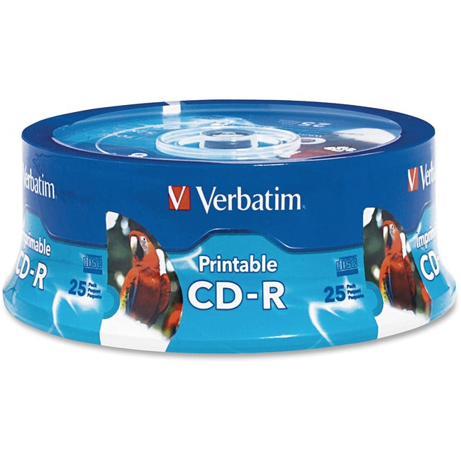 CD-R 700MB 52X VERBATIM WHITE INKJET PRINTABLE, HUB PRINTABLE - 25PK SPINDLE