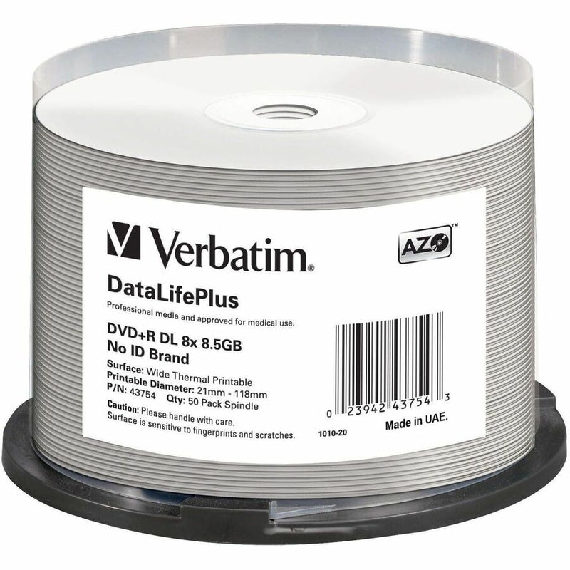 Verbatim DVD+R DL 8.5GB 8X DataLifePlus White Thermal Printable, Hub Printable - 50pk Spindle