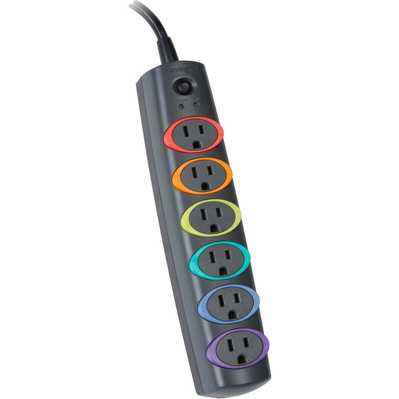 Kensington&reg; SmartSockets&reg; Surge Strip, 370 Joules, 6' Cord, 6 Power & 1 Phone Outlet, Color Coded