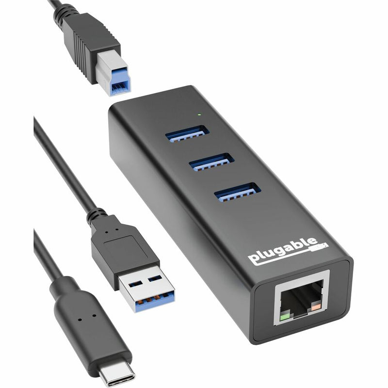 Plugable USB Hub with Ethernet, 3 port USB 3.0 Bus Powered Hub with Gigabit Ethernet Compatible with Windows, MacBook, Linux, Chrome OS, Includes USB C and USB 3.0 Cables