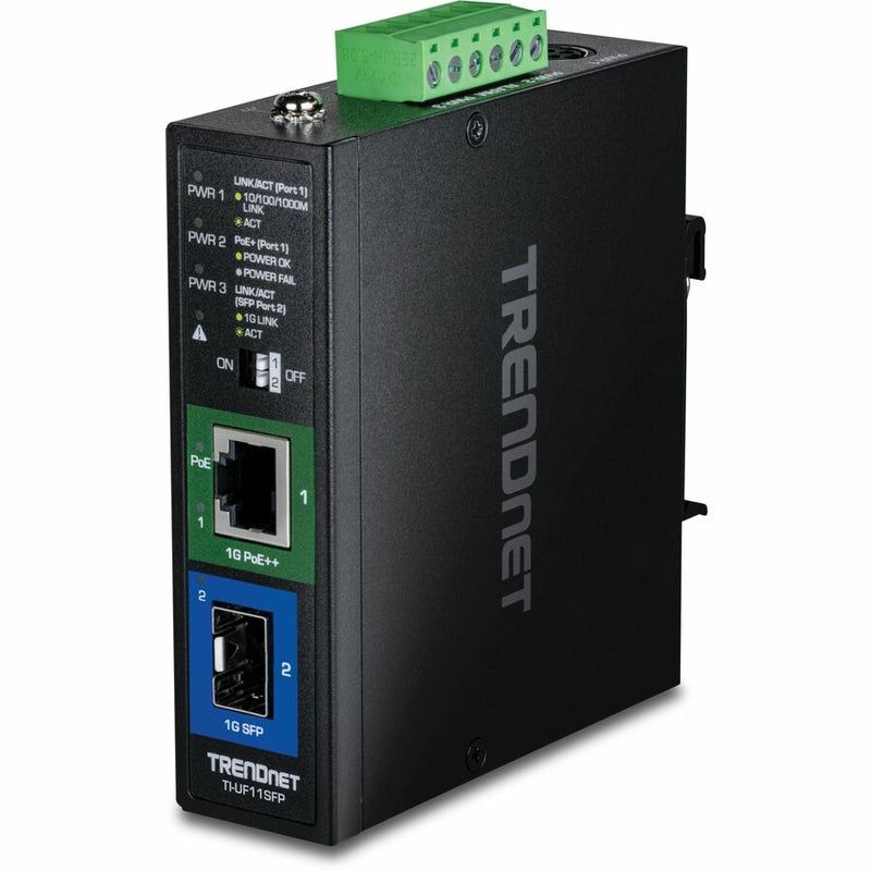 TRENDnet Hardened Industrial SFP to Gigabit UPoE Media Converter; IP30 Rated Housing; Includes DIN-rail & Wall Mounts; Operating Temp. -40 to 75 &deg;C (-40 to 167 &deg;F); TI-UF11SFP