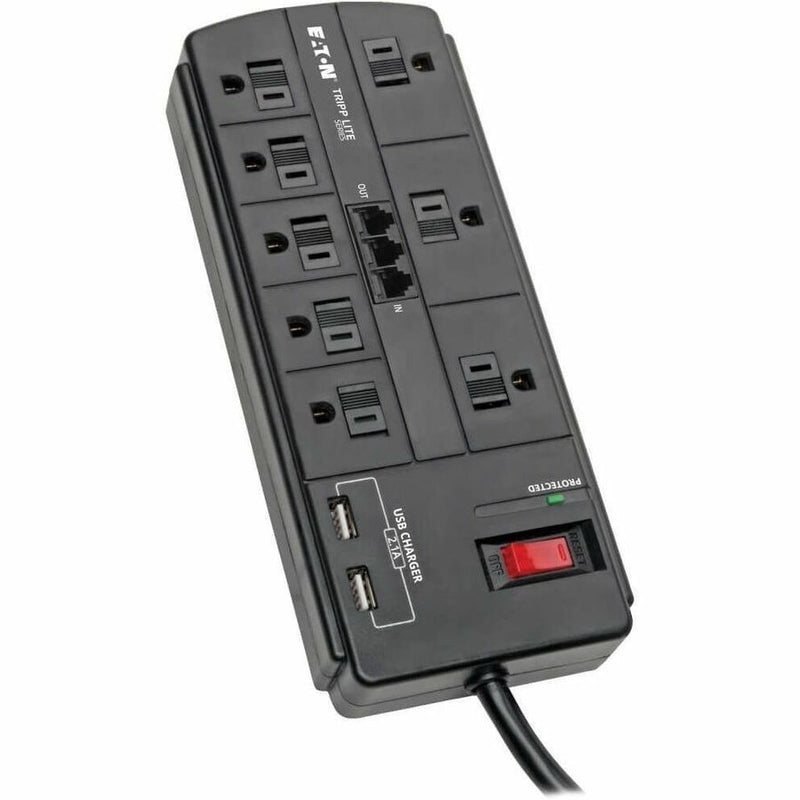 Tripp Lite Surge Protector 8-Outlet 2 USB Charging Ports Tel/Modem 8ft Cord - 8 x NEMA 5-15R, 2 x USB - 1875 VA - 1200 J - 120 V AC Input - Fax/Modem/Phone