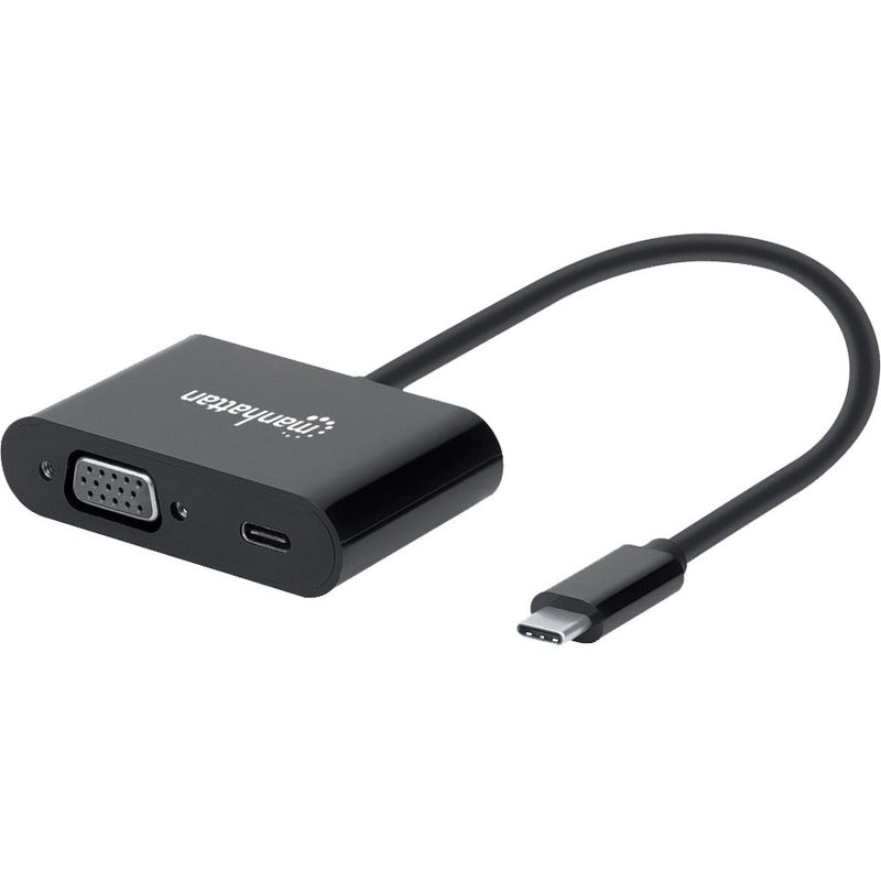 Manhattan USB-C to VGA and USB-C (inc Power Delivery), 1080p@60Hz, 19.5cm, Black, Power Delivery to USB-C Port (60W), Equivalent to Startech CDP2VGAUCP, Male to Female, Lifetime Warranty, Retail Box