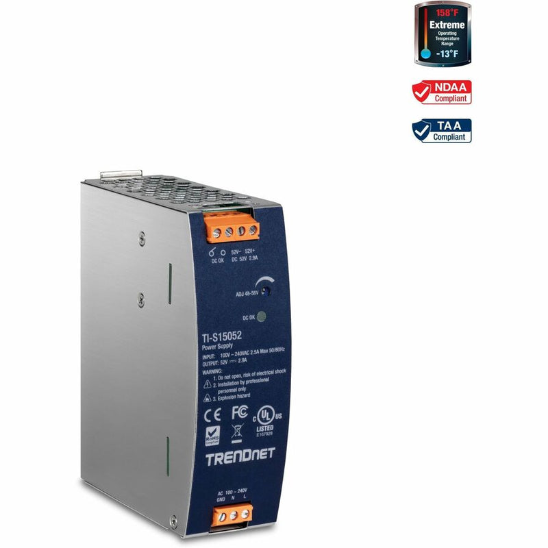 TRENDnet 150W, 52V DC, 2.89A AC to DC DIN-Rail Industrial Power Supply, Built-In Power Factor Controller Function, Extreme Operating Temperature Range -25&deg; - 70&deg; C (-13&deg; - 158&deg; F), Silver, TI-S15052