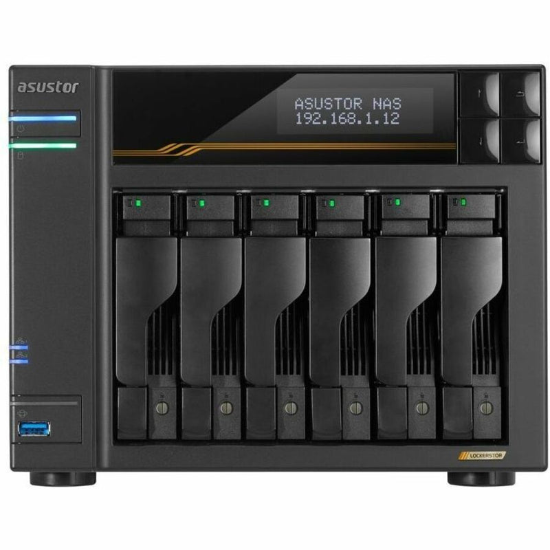 Asustor Lockerstor 6 Gen3 AS6806T 6 Bay NAS, AMD Ryzen Quad-Core 2.3 GHz, 16GB RAM ECC DDR5, 4 M.2 NVMe Slots, Dual 5GbE and Dual 10GbE Port, USB 4.0 Type-C, Network Attached Storage (Diskless)