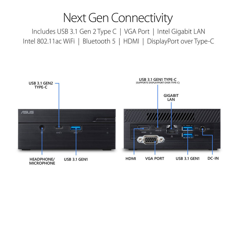 ASUS PN61 Barebones Mini PC avec Intel Core i7-8565U et Intel 4K UHD Graphics intégré (HDMI, DisplayPort over Type-C ,Port VGA, 802.11ac Wifi, BlueTooth 5.0, Gigabit LAN, USB 3.1, VESA Mount) PN61-BB7042MV,1 an de garantie