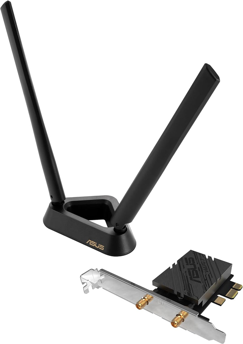 ASUS PCE-BE92BT WIFI 7 PCI-E ADAPTER WITH 2 EXTERNAL ANTENNAS. SUPPORTING 6GHZ B