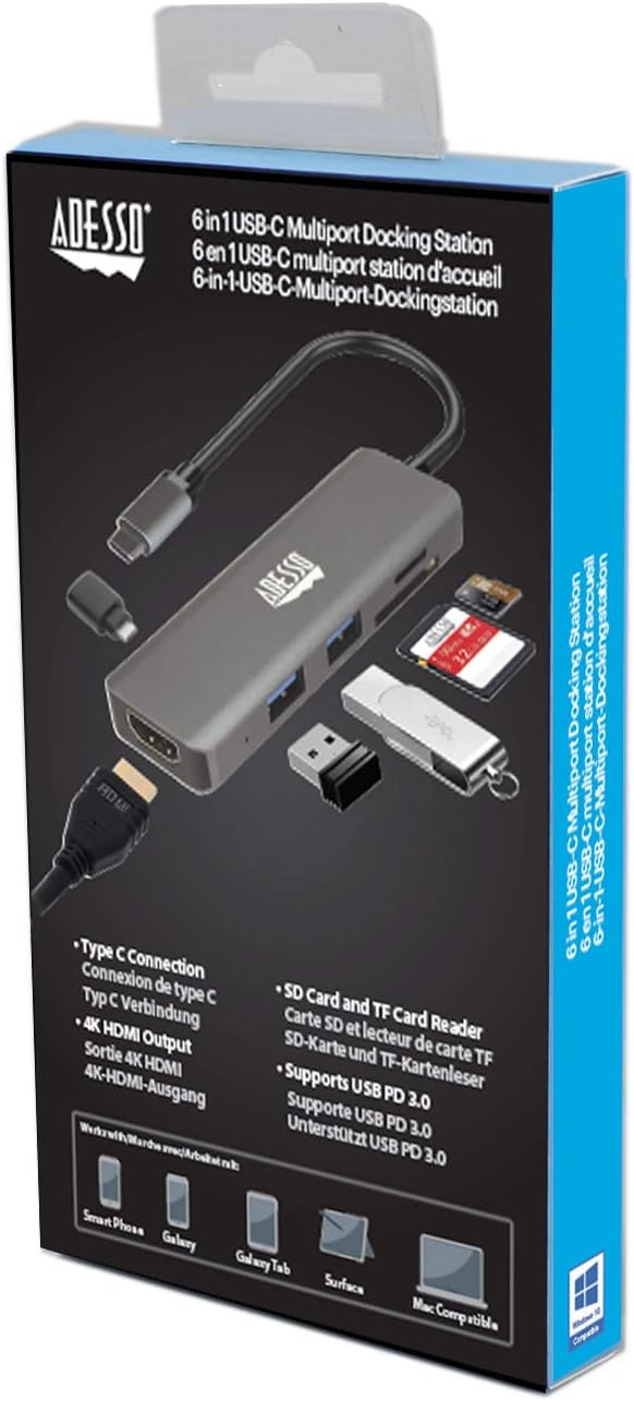 Station d'accueil multiport USB-C 6 en 1Statistique d'accueil multiport USB-C 6-en-1 Adesso