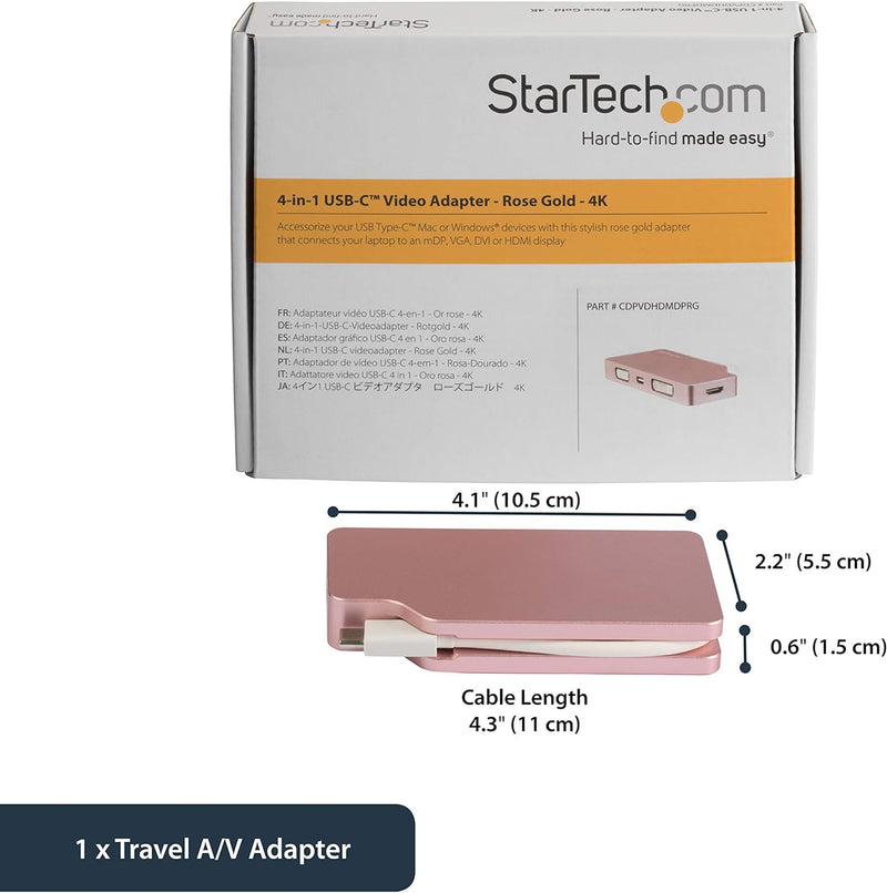 StarTech.com Adaptateur vidéo multiport USB C 4K/1080p - Adaptateur de moniteur USB Type C vers HDMI, VGA, DVI ou Mini DisplayPort - Or rose