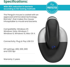 Souris verticale ambidextre Posturite Penguin pour PC/Mac, grande taille, filaire, noir