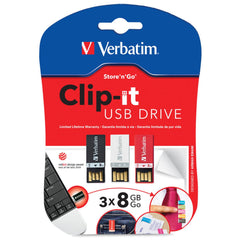 Verbatim 8GB Clip-It USB Flash Drive - 3pk - Black, White, Red