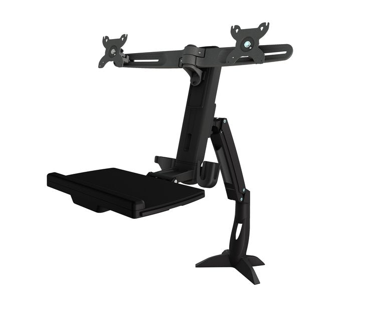 Dual Monitor Sit Stand Articulating Arm Clamp Mount. Foldable keyboard tray and