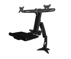 Support de pince à bras articulé pour support assis à double moniteur. Plateau pour clavier pliable et