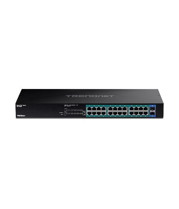 TRENDnet Switch PoE+ Gigabit 26 ports, 24 ports PoE+ 30 W, 2 emplacements SFP Gigabit, budget PoE 380 W, capacité de commutation 52 Gbit/s, montable en rack 1U 19", protection à vie, noir, TPE-TG262