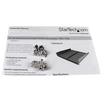 StarTech.com 2U 16in Universal Vented Rack Mount Cantilever Shelf - Fixed Server Rack Cabinet Shelf - 50lbs / 23kg