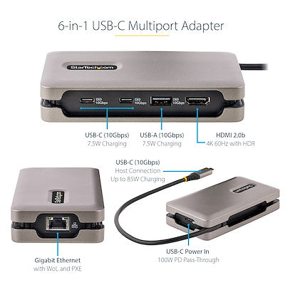 StarTech.com USB-C Multiport Adapter, 4K 60Hz HDMI (HDR), USB 3.2 Gen 2 10Gbps Hub (2xUSB-C/1xUSB-A), 100W PD Pass-Through, GbE, Mini Dock