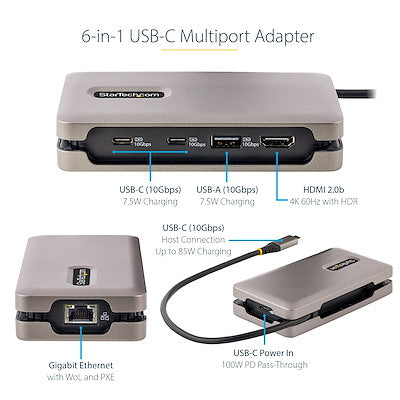 StarTech.com Adaptateur multiport USB-C, HDMI 4K 60 Hz (HDR), hub USB 3.2 Gen 2 10 Gbit/s (2 x USB-C/1 x USB-A), 100 W PD Pass-Through, GbE, mini station d'accueil 