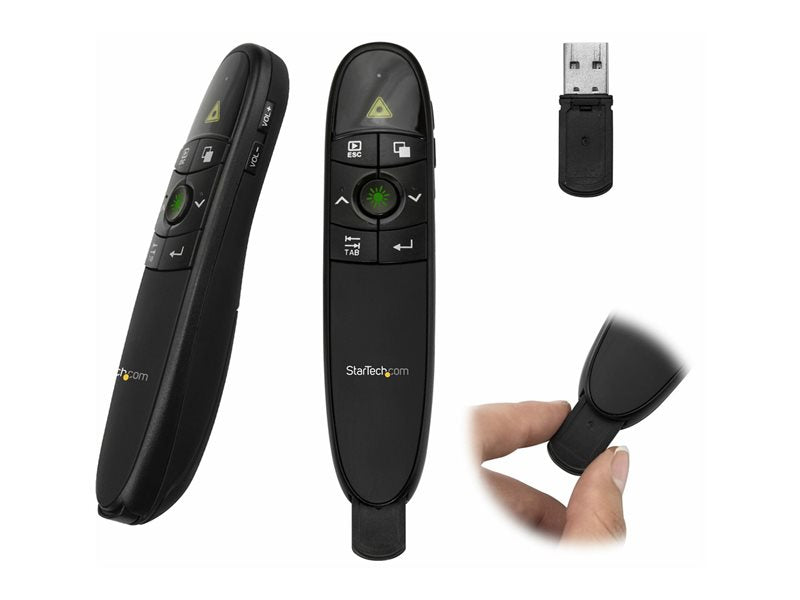 Wireless Presentation Remote with Green Laser Pointer - 90 ft. (27 m) - USB Presentation Clicker for Mac and Windows - Batteries Included - Wireless Slideshow and Volume Controls
