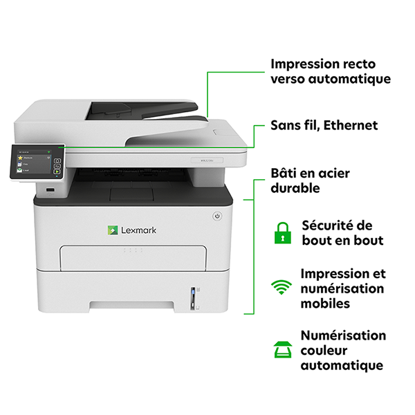 Lexmark MB2236I Wireless Laser Multifunction Printer-Monochrome-Copier/Scanner-36 ppm Mono Print-600x600 Print (2400x600 class)-Automatic Duplex Print-30000 Pages Monthly-250 sheets Input-Color Scanner-600 Optical Scan- Ethernet Ethernet-Wireless LAN