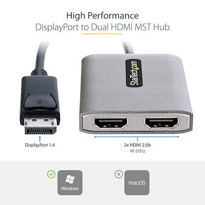 StarTech.com HUB DP vers double HDMI MST, double HDMI 4K 60 Hz, adaptateur multi-moniteur DisplayPort 2 ports avec câble de 30 cm, DP 1.4 | DSC | HBR3