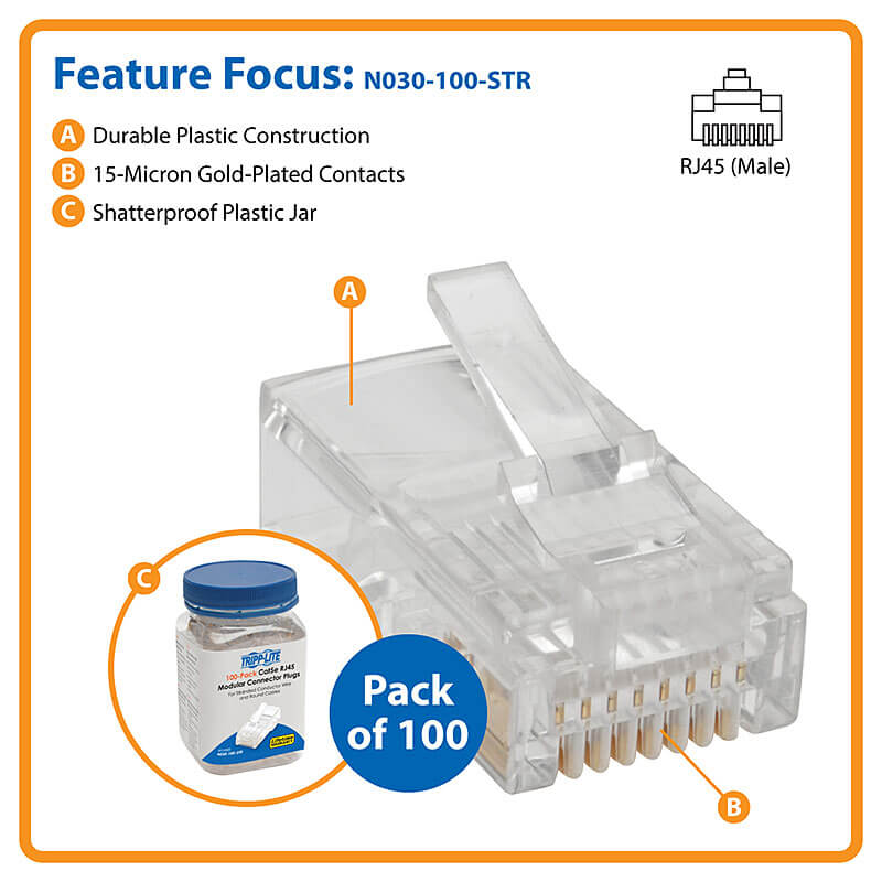 Connecteur modulaire Tripp Lite RJ45 pour conducteur UTP à torons ronds, 4 paires Cat5e, paquet de 100