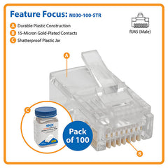 Tripp Lite RJ45 Modular Connector for Round Stranded UTP Conductor 4-Pair Cat5e, 100 Pack