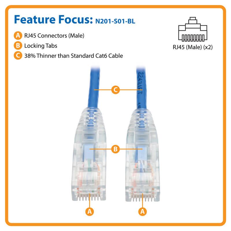 Tripp Lite Cat6 Gigabit Snagless Molded Slim UTP Patch Cable (RJ45 M/M), Blue, 1ft