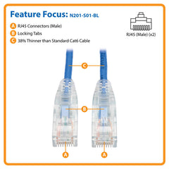 Tripp Lite Cat6 Gigabit Snagless Molded Slim UTP Patch Cable (RJ45 M/M), Blue, 1ft