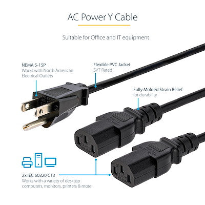 StarTech.com Cordon d'alimentation en Y pour ordinateur de 3 m, NEMA 5-15P vers C13, 10 A 125 V, 18 AWG, cordon d'alimentation PC de remplacement noir, câble d'alimentation TV/moniteur