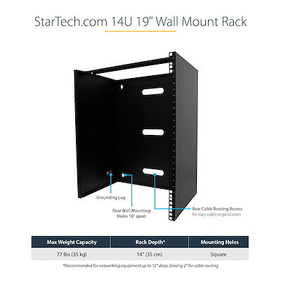 StarTech.com Rack mural 14U, 14 pouces de profondeur, rack réseau mural 19 pouces, support de panneau de brassage mural pour équipement de commutation/informatique