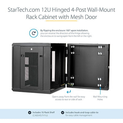 StarTech.com 12U 19" Wall Mount Network Cabinet - 20" Deep Hinged Locking IT Data Enclosure - Flexible Vented Rack w/Shelf - Switch Depth