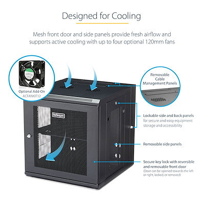 StarTech.com 12U 19" Wall Mount Network Cabinet - 20" Deep Hinged Locking IT Data Enclosure - Flexible Vented Rack w/Shelf - Switch Depth