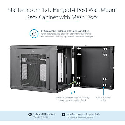 StarTech.com Armoire réseau murale 12U 19" - Boîtier de salle de serveur ventilé à charnière de 24" de profondeur verrouillable pour équipement informatique flexible avec étagère 