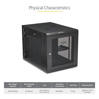 StarTech.com Armoire réseau murale 12U 19" - Boîtier de salle de serveur ventilé à charnière de 24" de profondeur verrouillable pour équipement informatique flexible avec étagère 