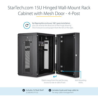 StarTech.com Armoire réseau murale 15U 19" - 16" de profondeur, verrouillage à charnière flexible pour équipement de données informatiques, boîtier de commutateur ventilé avec étagère 