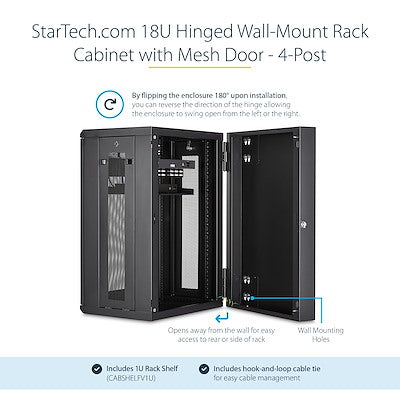 StarTech.com 18U 19" Wall Mount Network Cabinet - 16" Deep Hinged Locking Flexible IT Data Equipment Rack Vented Switch Enclosure w/Shelf