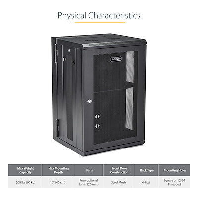 StarTech.com 18U 19" Wall Mount Network Cabinet - 16" Deep Hinged Locking Flexible IT Data Equipment Rack Vented Switch Enclosure w/Shelf