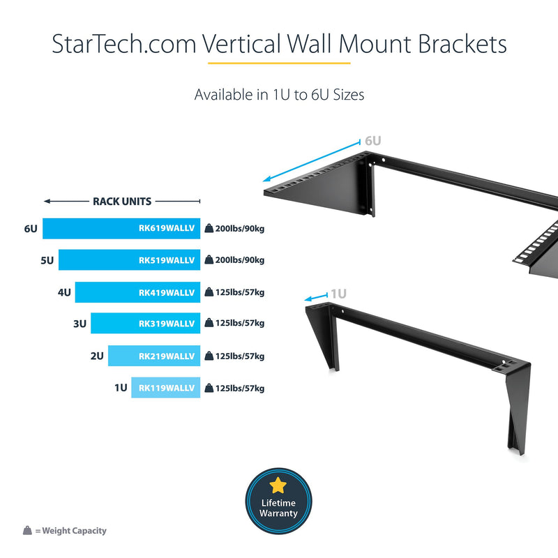 StarTech.com Support de rack vertical mural 3U 19", support de montage mural pour panneau de brassage pour équipement AV/IT, rack 3U pour armoire/salle de serveurs