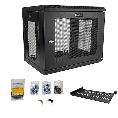 StarTech.com 2 Post 9U 19" Wall Mount Network Cabinet Adjustable 6-15"- Locking Vented IT Equipment/Switch Rack Enclosure /Shelf/Hook&Loop