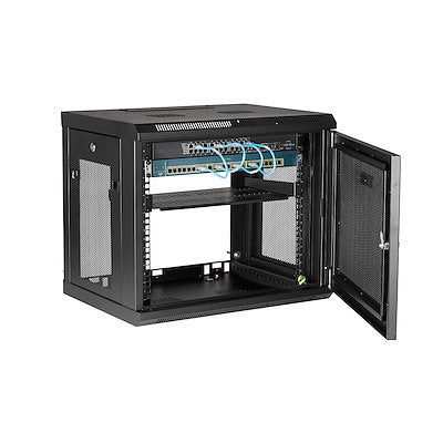 StarTech.com 2 Post 9U 19" Wall Mount Network Cabinet Adjustable 6-15"- Locking Vented IT Equipment/Switch Rack Enclosure /Shelf/Hook&Loop