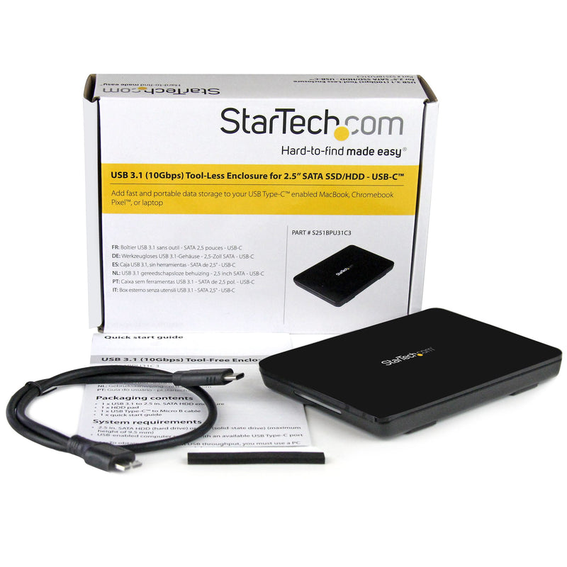 StarTech.com 2.5" USB-C Hard Drive Enclosure - USB 3.1 Type C - Tool-less - External Hard Drive Case - SSD USB C HDD Enclosure