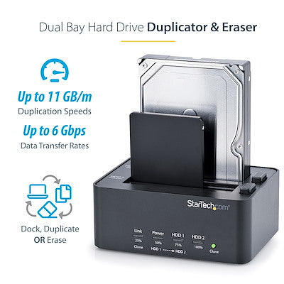 StarTech.com Duplicateur et effaceur de disque dur double baie, outil de clonage/copieur/essuie-glace HDD/SSD externe, station d'accueil USB 3.0 vers SATA