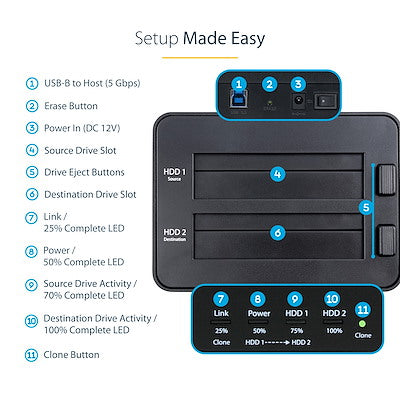 StarTech.com Duplicateur et effaceur de disque dur double baie, outil de clonage/copieur/essuie-glace HDD/SSD externe, station d'accueil USB 3.0 vers SATA