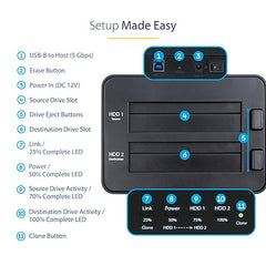 StarTech.com Duplicateur et effaceur de disque dur double baie, outil de clonage/copieur/essuie-glace HDD/SSD externe, station d'accueil USB 3.0 vers SATA