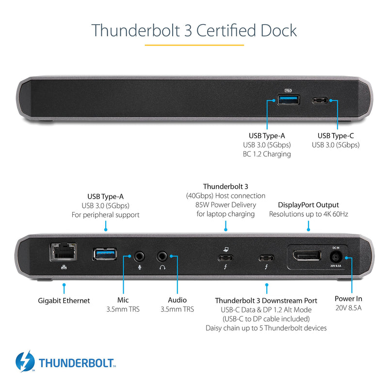 Station d'accueil certifiée Thunderbolt 3 avec double moniteur 4K 60 Hz DisplayPort + 