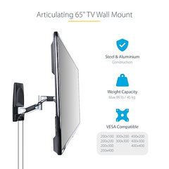 StarTech.com Support mural articulé pour téléviseur, support mural VESA pour téléviseurs incurvés de 65 pouces/99 lb, support mural à profil bas réglable en coin