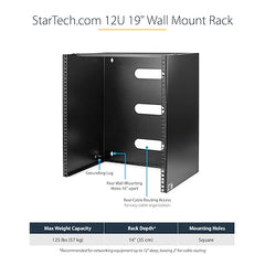 StarTech.com 12U Wall Mount Rack, 14in Deep, 19 inch Wall Mount Network Rack, Wall Mounting Patch Panel Bracket for Switch/IT Equipment